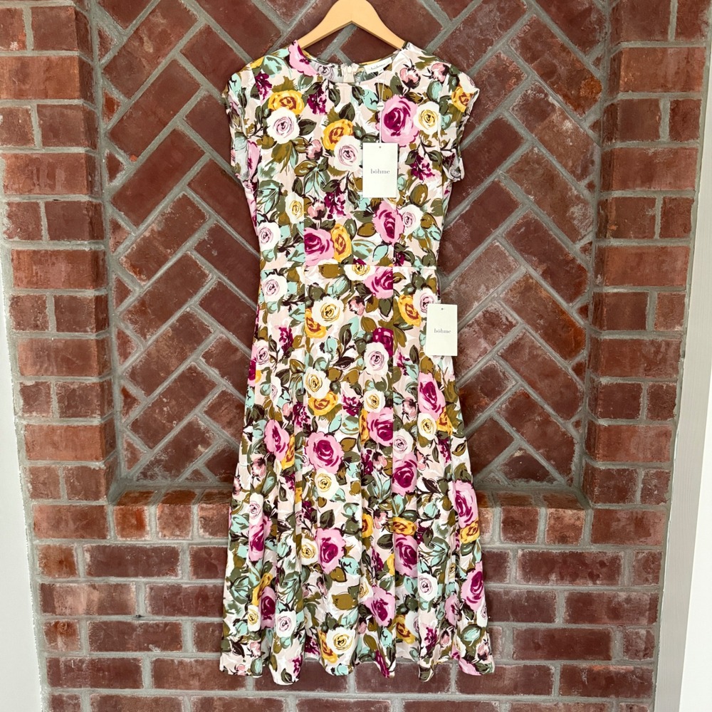 NWT Böhme Bethany Midi Dress Women M Pink Floral Wedding Homecoming Smocked Back - Picture 2 of 11
